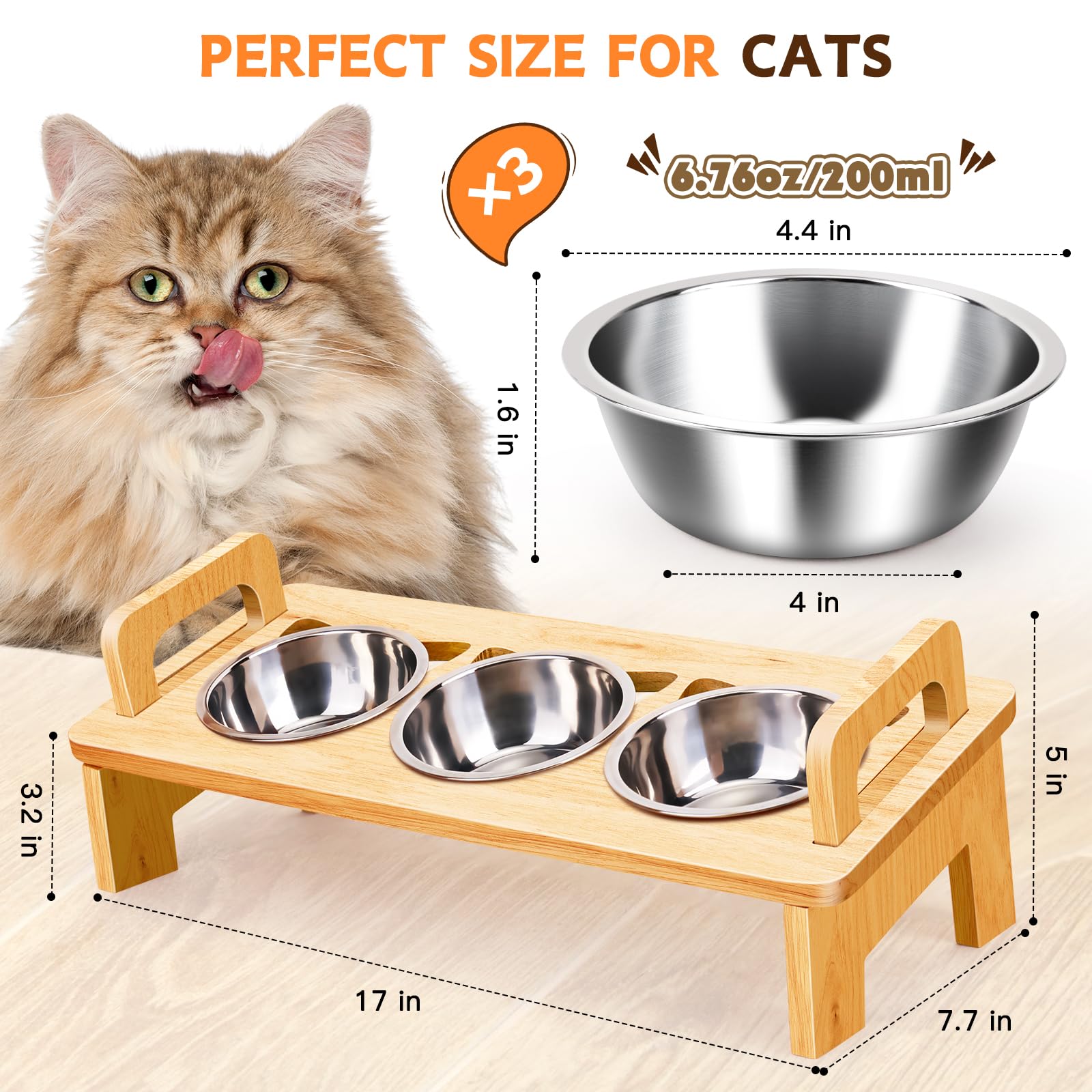 Elevated Cat Food Bowl, 3 Stainless Steel Raised Cat Bowls with Stand, 15°Tilted Cat Bowl for Indoor Cats, Cat Food and Water Bowl Set, Anti Vomitting, Whisker Fatigue and Dishwasher Safe - Natural