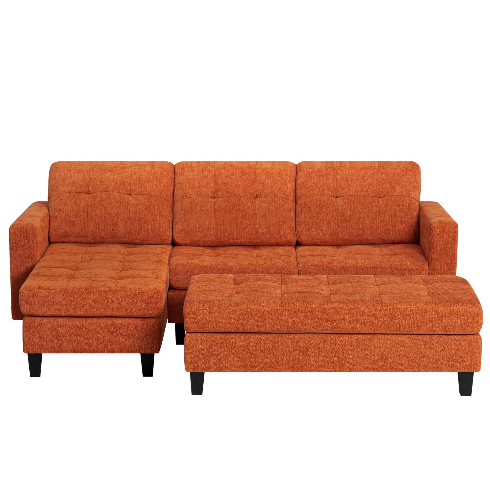 ACMEASE 84" Chenille Convertible Sectional Sofa w/Movable Ottoman Bench, 3 Seats L Shaped Couch w/Reversible Chaise Lounge,Modern Upholstered Sofa w/Tufted Cushions for Apartment, Living Room, Orange