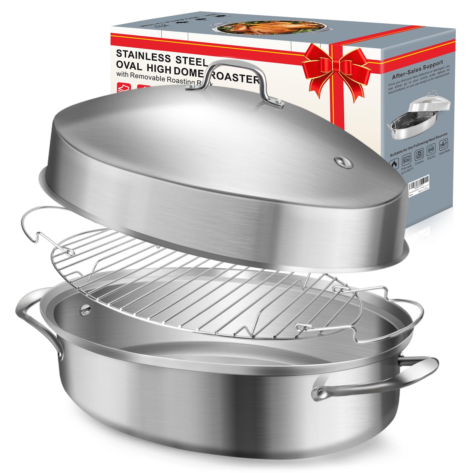 HuaQue Roasting Pan with Rack and Lid, Stainless Steel Large Oval Roaster, Nonstick Oven Cookware for Turkey Chicken, 21 Inch