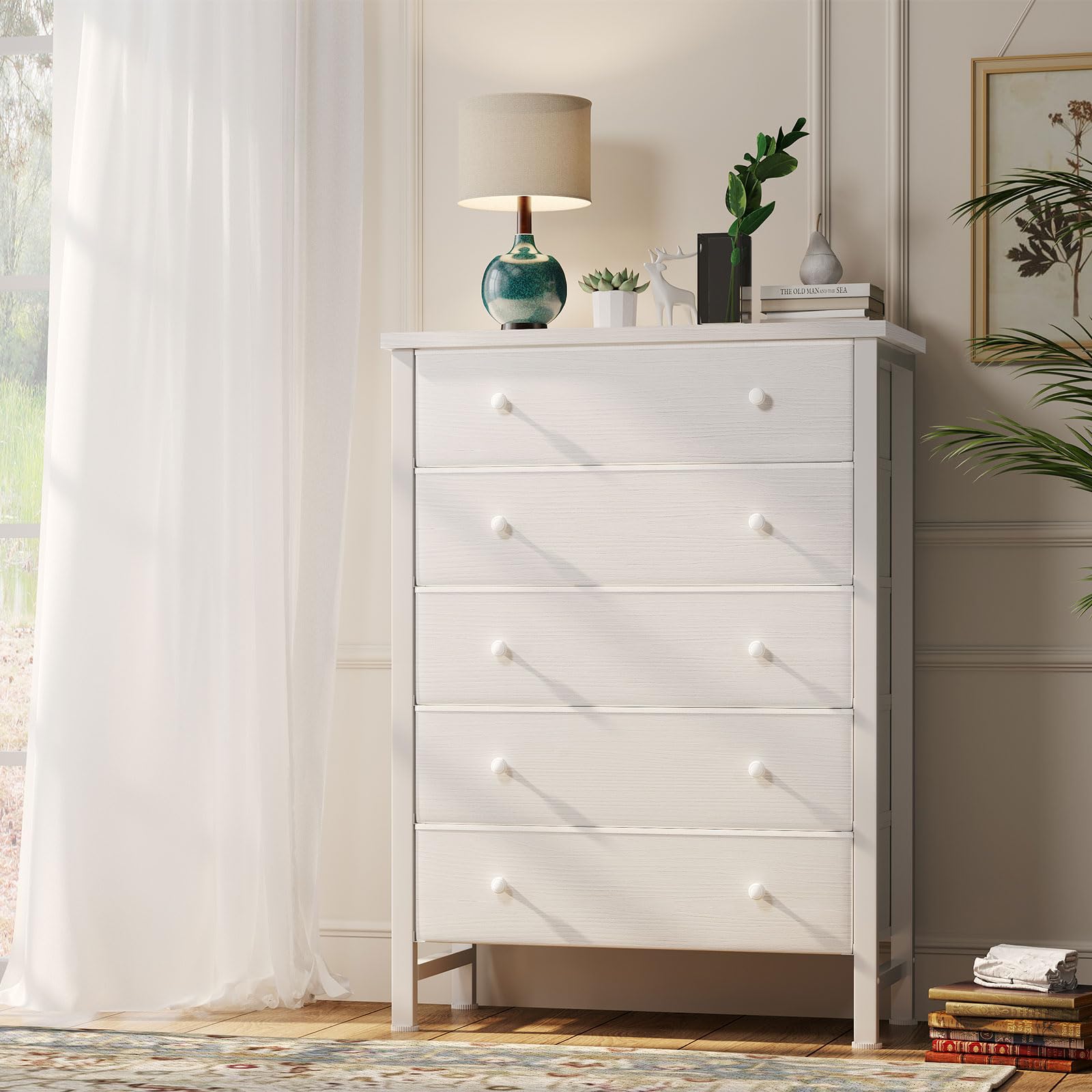 BOLUO White Chest of Drawers for Bedroom Dresser with 5 Drawer Fabric Dressers Storage for Girls,Kids Closet Modern