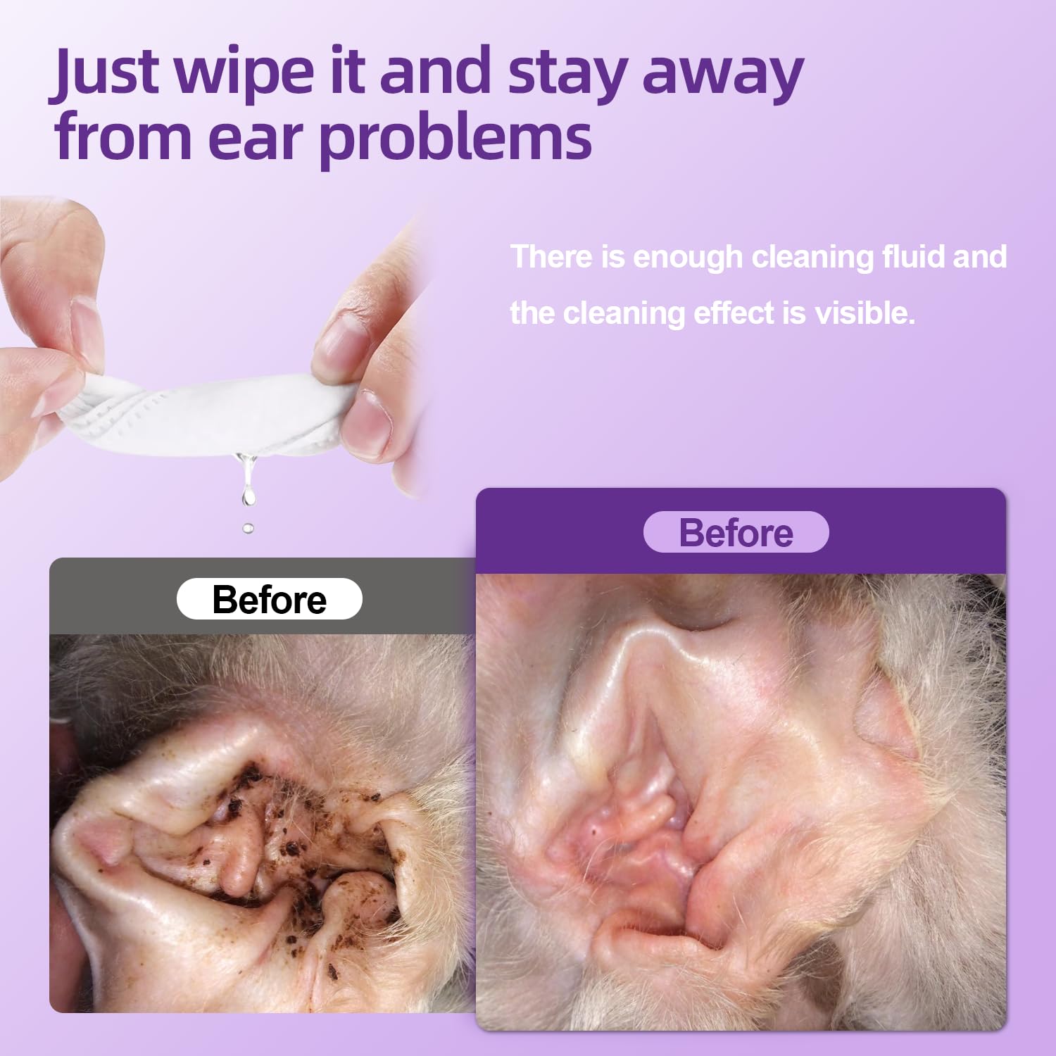 Ear Finger Wipes for Cats&Dogs,50 Pack Dog or Cats Ear Cleaner Wipes to Stop Ear Itching, Gently Remove Ear Wax Pet Ear Wipes, Sooths & Deodorizes