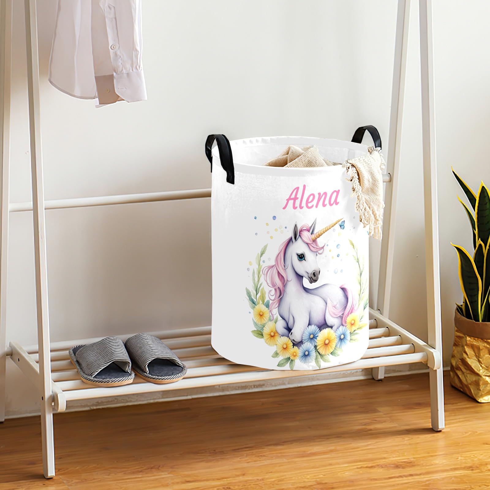 Custom Laundry Baskets with Name Personalized Laundry Hamper for Kids Adults Customized Collapsible Clothes Toys Storage Basket with Handle for Bathroom Living room Bedroom Unicorn