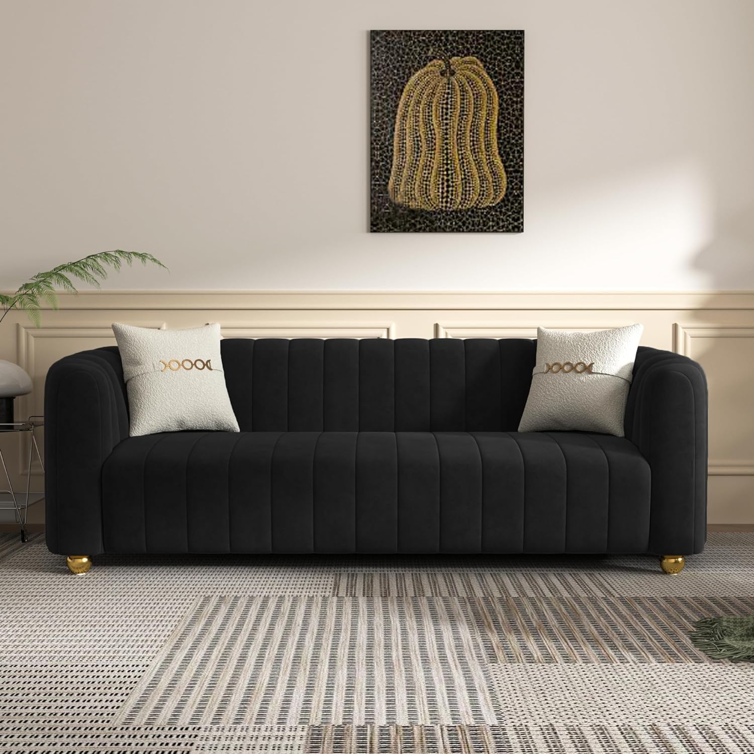 Kadway Mid-Century Modern Sofa for Living Room, 84" Luxury Velvet Loveseat Sofa Couch, Sectional Love Seat Sofa Couch with Gold Legs, Upholstered Sofa for Apartment Bedroom Home Office Black