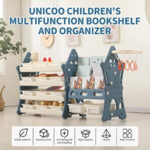 UNICOO Kids Tree House Design Multifunction Bookshelf and Organizer, 3-Tier Bookshelves with 4-Tier Storage Rack, 14 Storage Bins for Nursery, Playroom, Study Room (Blue & Cream)