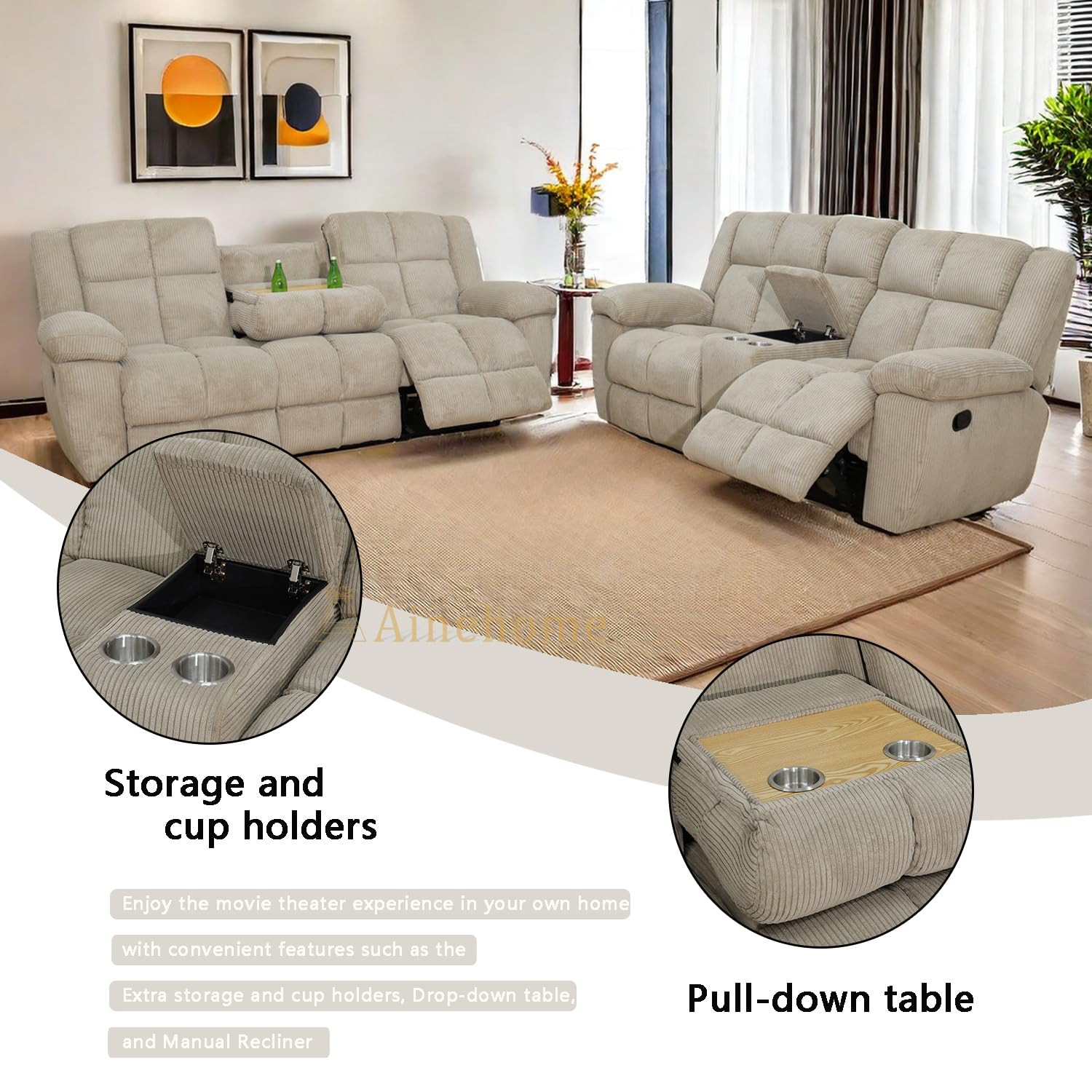 A Ainehome Manual Recliner Sofa Set, Corduroy Recliner Chair, Modern Loveseat Sofa, Modern Reclining Sofa Couch and Recliner Couches for Living Room/Office(Sofa+Loveseat, Beige)