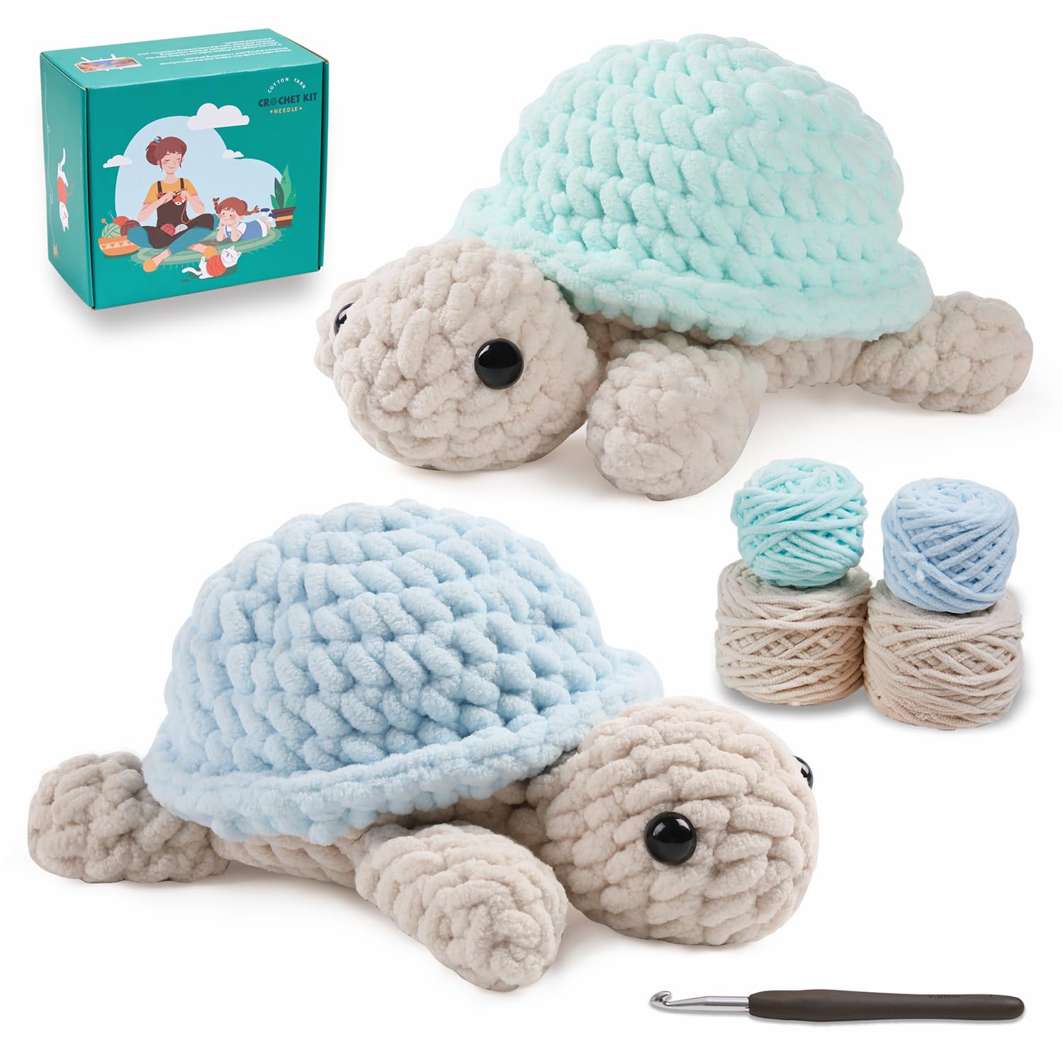 Eelexa Crochet Kit for Beginners, Amigurumi Crocheting Animal Kits, Learn to Crochet with Step-by-Step Video Tutorials for Kids Adults Beginner - 2 Pack Turtles