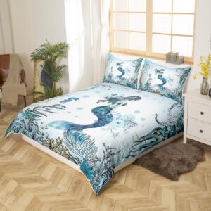 Feelyou Mermaid Bedding Set King Size Ocean Life Sea Animal Comforter Cover Set for Kids Boys Girls Children Princess Decor Bedding Duvet Cover Set Room Decor Fish Scales Bedspread Cover 3Pcs