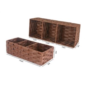 Buaihekefei Toilet Tank Topper Paper Basket ，Bathroom Organizers and Storage ，Waterproof Plastic Wicker Baskets for Organizing，Back of Toilet Basket with dividers，Brown, 2-Pack