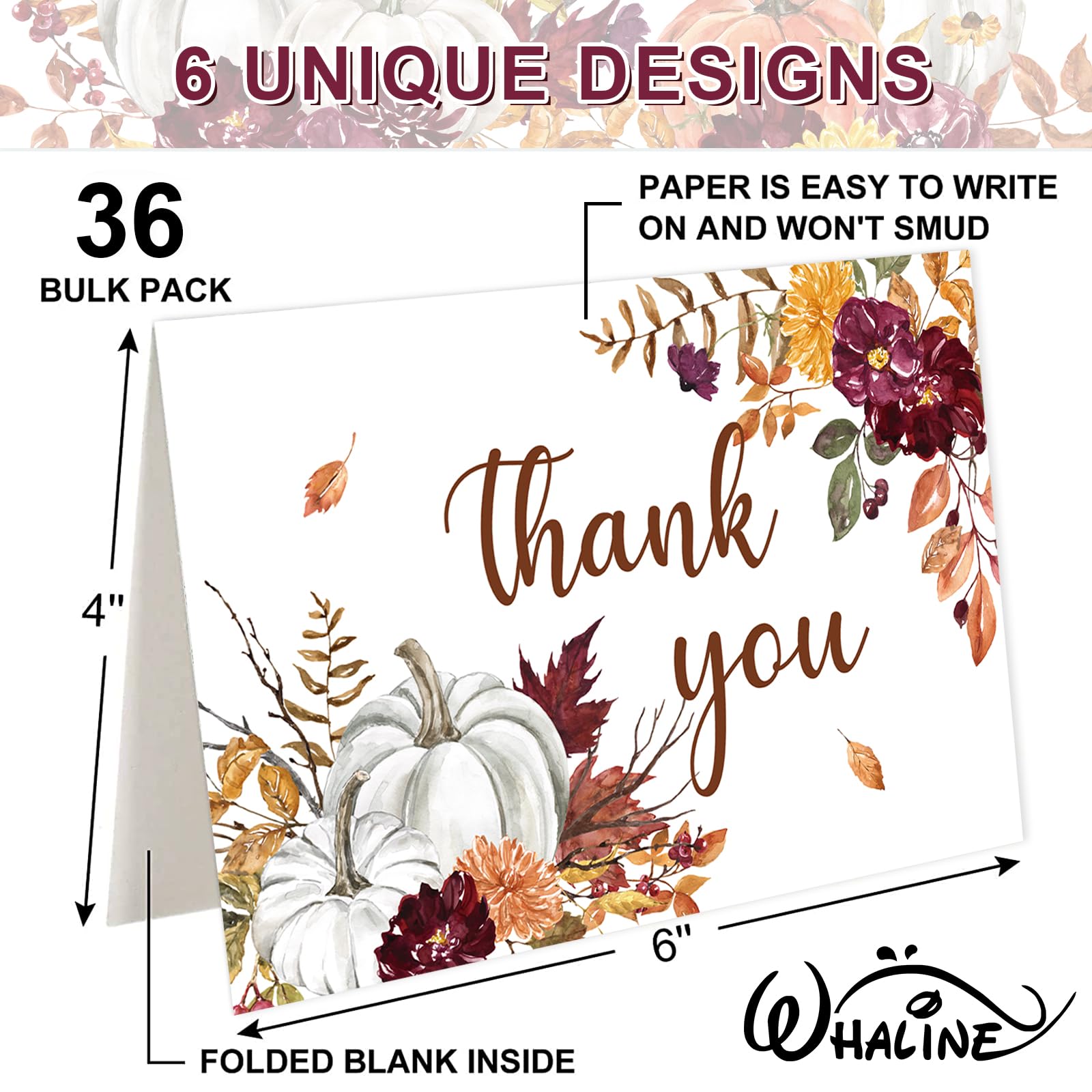 Whaline 36 Pack Fall Thank You Card Watercolor Floral Pumpkin Leaves Greeting Cards with Envelope Sticker Blank Note Cards for Autumn Thanksgiving Wedding, 4 x 6 Inch