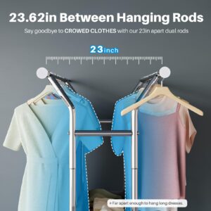 HOKEEPER Clothing Rack Heavy Duty Clothes Rack for Hanging Clothes Load 625LBS Extendable Double Rod Clothes Rack, Adjustable Rolling Garment Rack with Wheels, Basket & Shelves 71.2''W*23.6''D*68.5''H