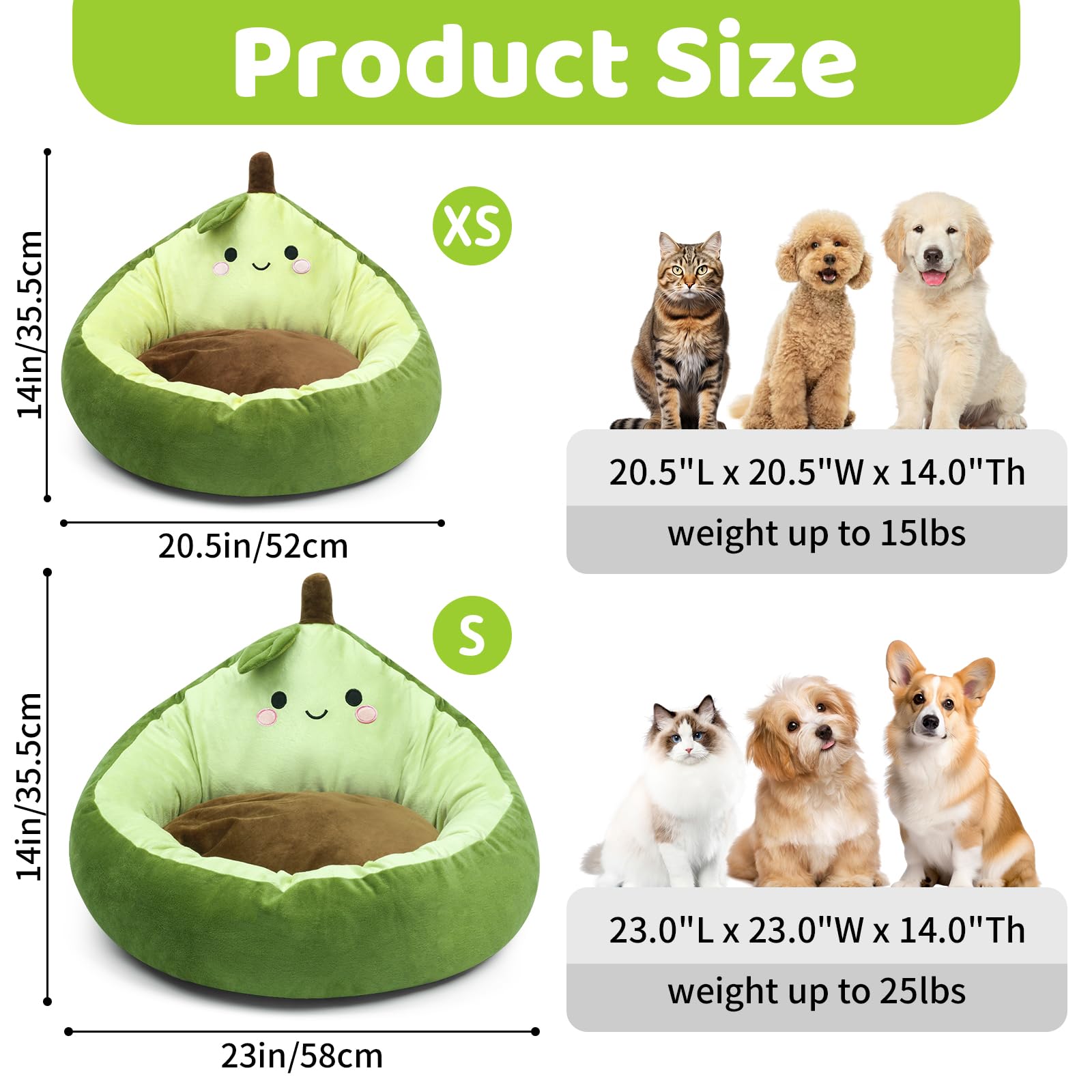 QAUJERY Dog Bed Pet Bed, Cute Calming Dog Bed & Cat Bed, Indoor Washable Dog Bed, Plush Anti-Anxiety Pet Bed for Small Medium Dog & Cat, Non-Slip Bottom, Green, 23"x 23"x 14"