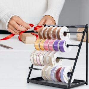 ZOMICE Ribbon Holder Organizer Rack with Storage Tray, 4 Tier Ribbon Spool Holder Stand,Metal Sewing Organizer Display Shelf for Craft Room,Cake Shop,Flower Store(On the Table & Wall Mounted)