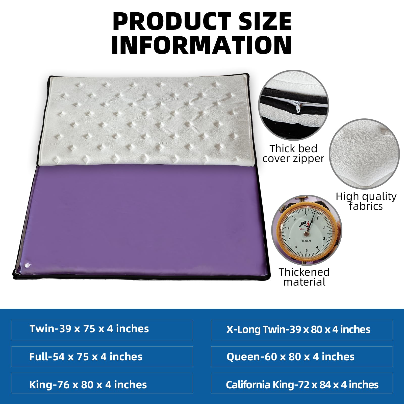 Free Flow Full Wave Mediume Water Bed, Square Purple Durable PVC Foldable Water Bed Set with Smart Thermostats, No Frame Needed Softside Water Bed, Water Beds for Adults, Elderly (Queen)