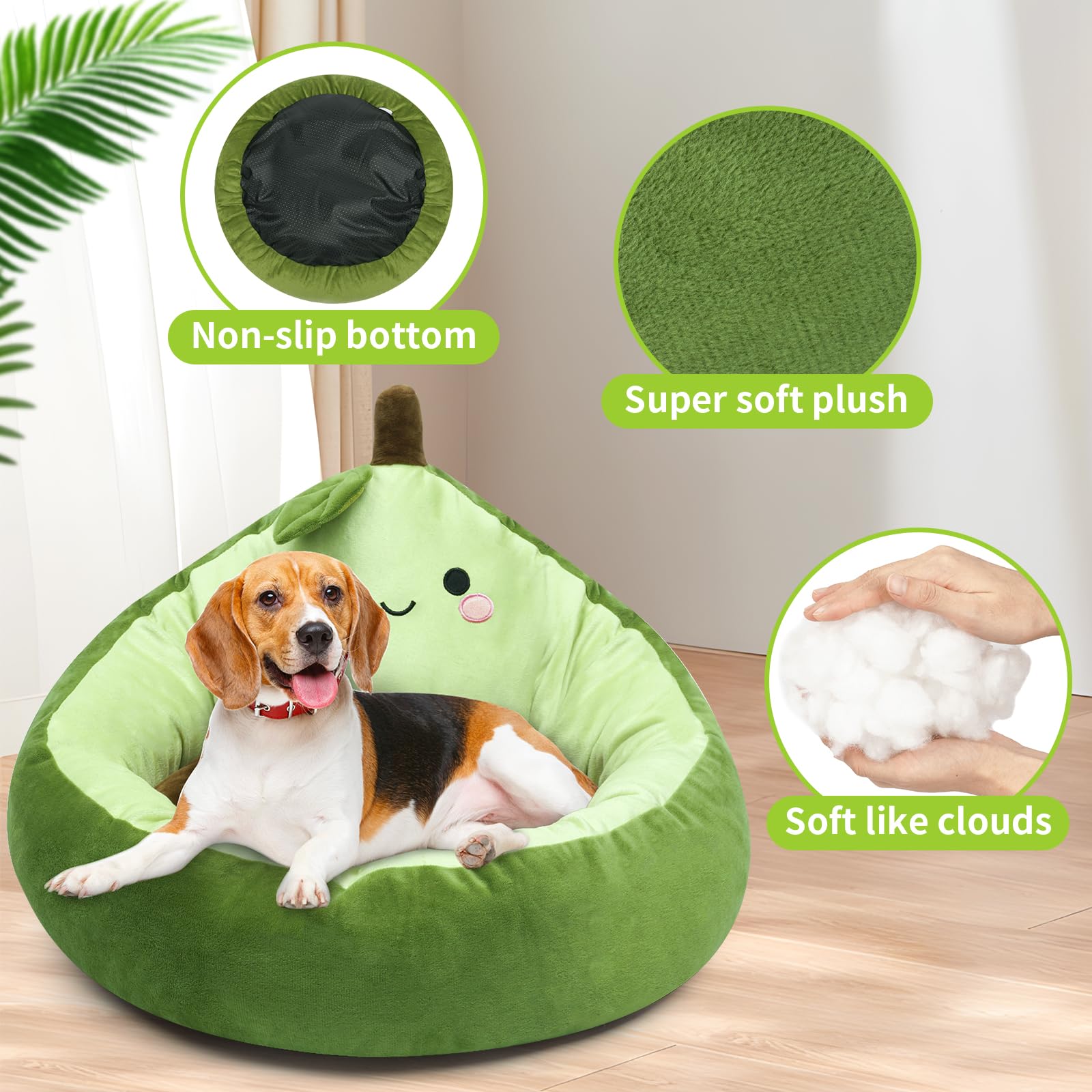 QAUJERY Dog Bed Pet Bed, Cute Calming Dog Bed & Cat Bed, Indoor Washable Dog Bed, Plush Anti-Anxiety Pet Bed for Small Medium Dog & Cat, Non-Slip Bottom, Green, 23"x 23"x 14"