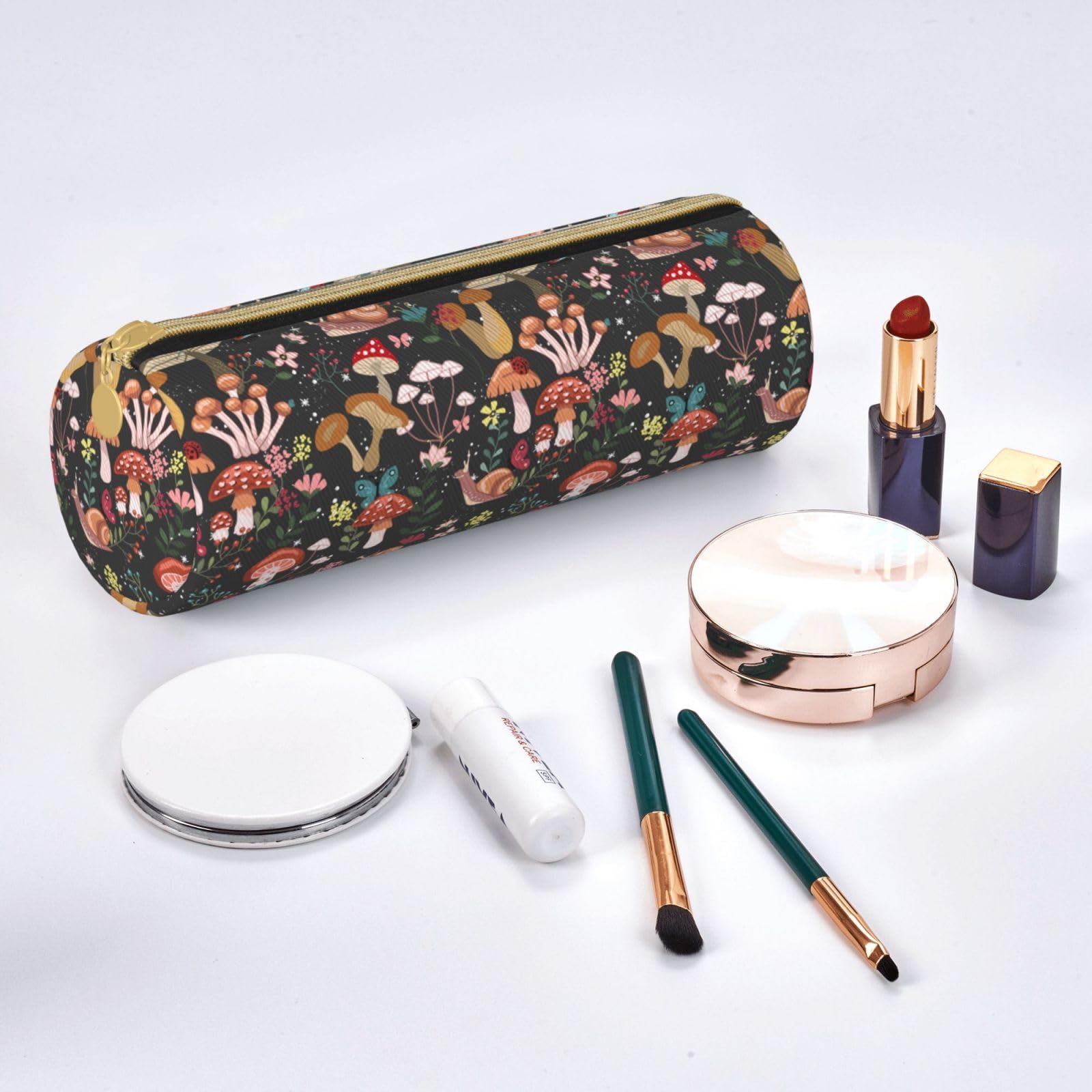 Aoojanu Mushrooms Snails Butterflies Leather Pencil Case Zipper Pen Makeup Cosmetic Holder Pouch Stationery Bag For School, Work, Office