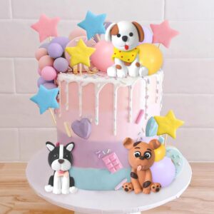 DRWATE Dog Cake Topper Clay Figurines Puppy Star Yellow Pink Purple Ball Cake Topper for Dog Theme Birthday Party Paw Cute Dog Pet Party Baby Shower Supplies (Style 01)