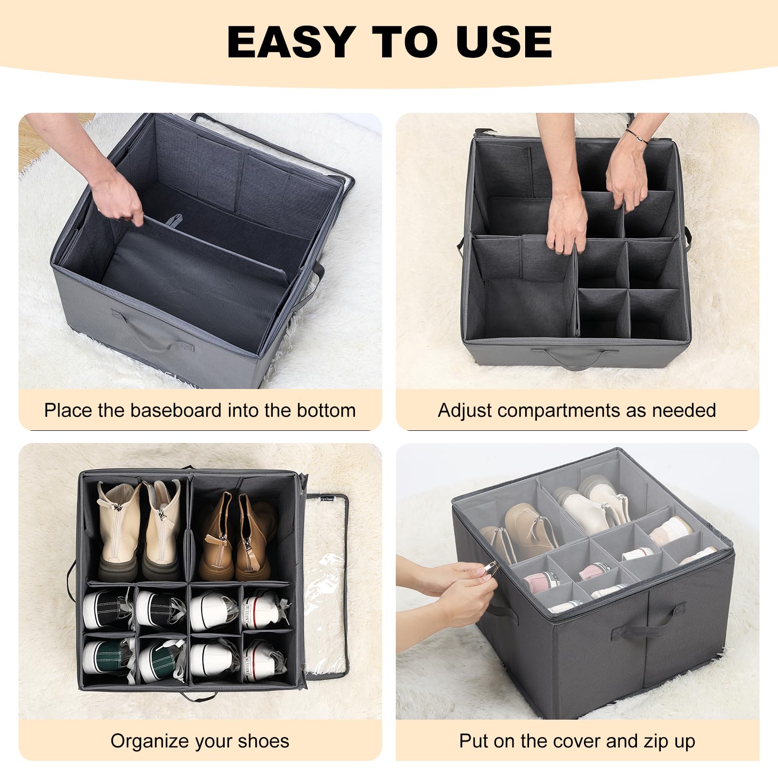 JeasEagn Shoe Organizer for Closet, Foldable Shoe Storage Bins with Clear Cover, Large Shoe Box Storage Container with Adjustabele Dividers, Fits up to 16 Pairs, Gray