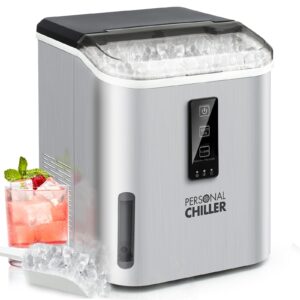 personal chiller soft nugget countertop ice maker, 50lbs in 24h, self-cleaning chewable pellet ice machine for kitchen, office stainless steel silver