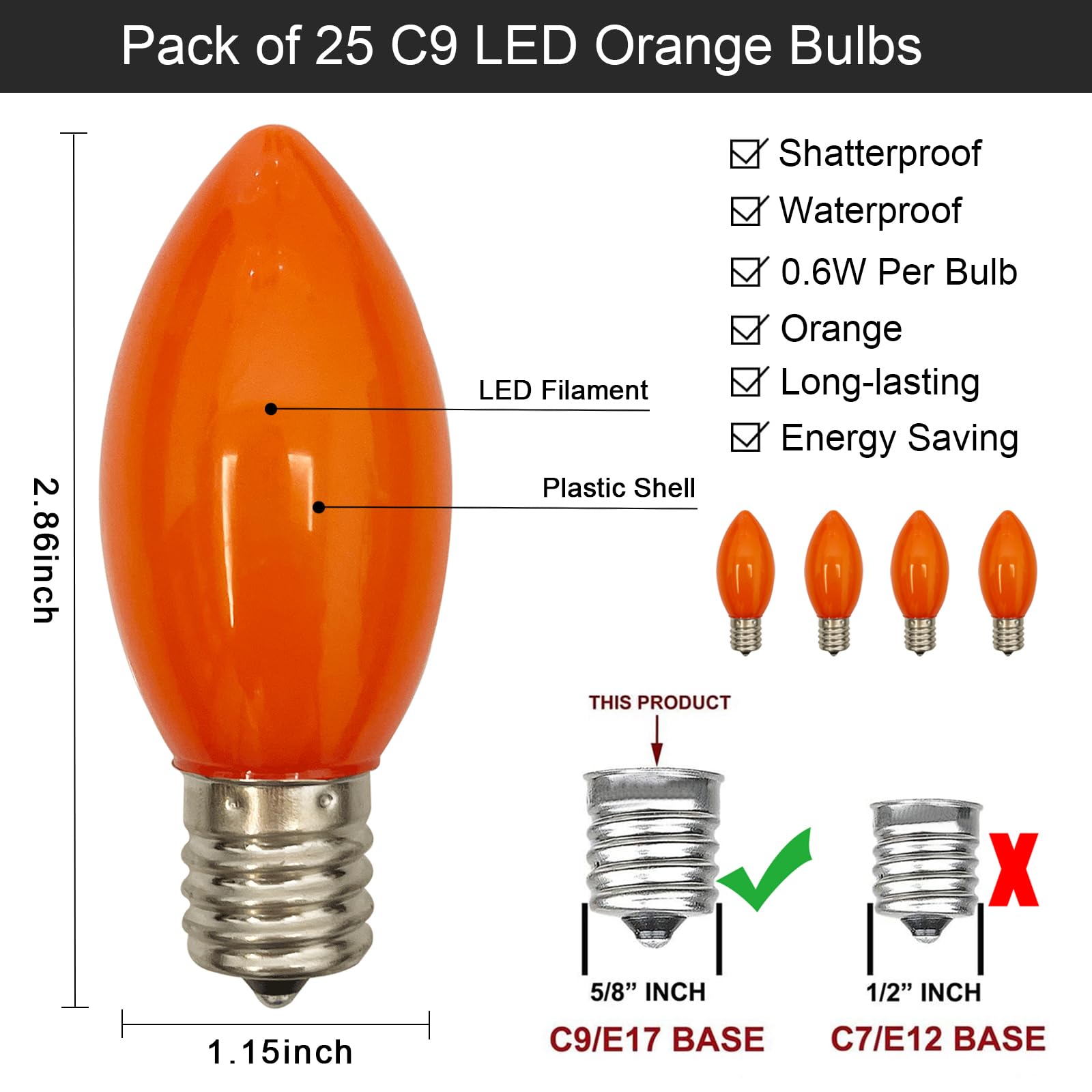 SUNSGNE 25 Pack C9 LED Outdoor Christmas Orange Light Bulbs, C9 Plastic Shatterproof LED Replacement Bulbs for Christmas Outdoor Patio String Lights, E17 Intermediate Base - 0.6 Watts