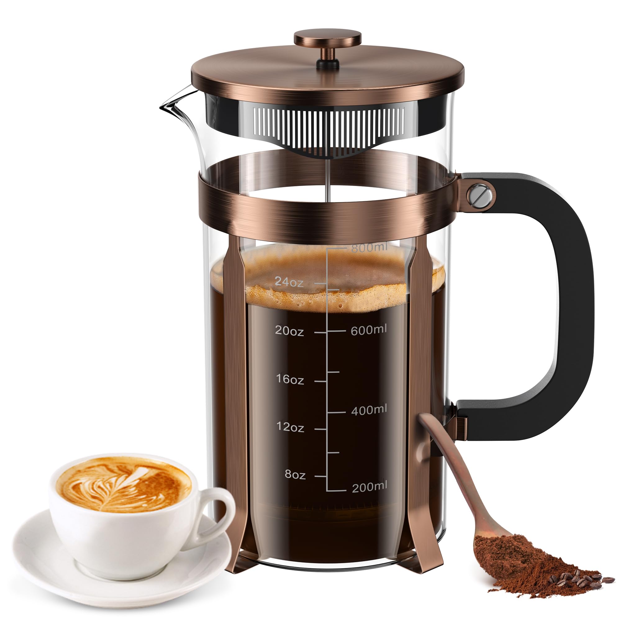 French Press Coffee Maker, 34 Ounce 1 Liter, Stainless Steel, Cold Brew Heat Resistant Borosilicate Glass Espresso Coffee & Tea Maker with 4 Filter