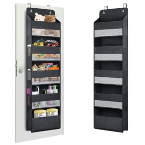 over the door organizer storage,door organizer hanging,hanging door organizer with 5 large capacity pockets, anti tilt 44 lb load behind door organizer for bedroom,dorm,bathroom,nursery (black)