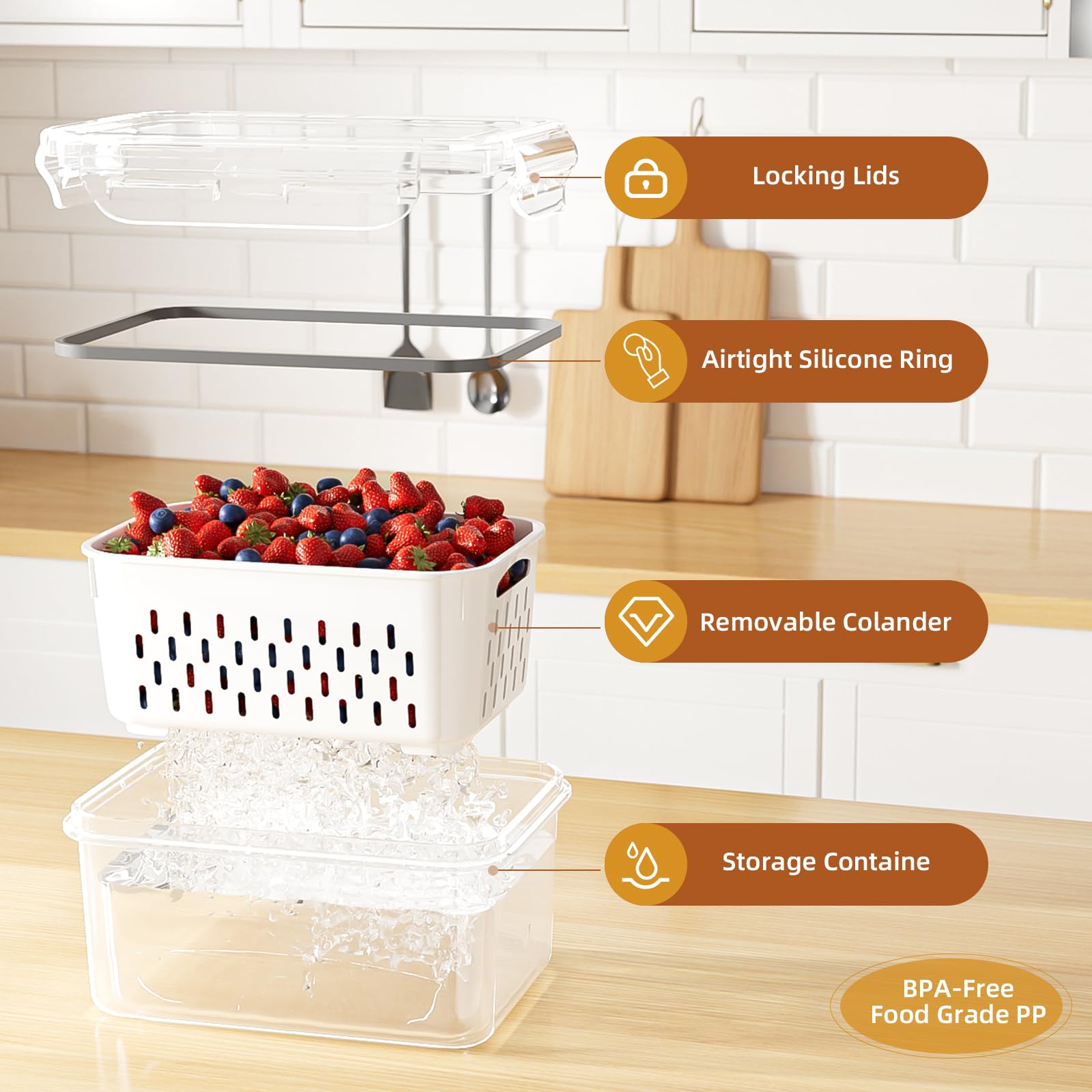 4 Pcs Large Fruit Storage Containers For Fridge, Airtight Food Storage Container with Removable Colanders, BPA-Free, Dishwasher & Microwave Safe, Keep Berry, Fruit, Vegetable, Meat Fresh Longer