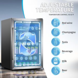 Antarctic Star Beverage Refrigerator,145 Can Mini Fridge,Freestanding wine cooler for Soda Beer or Wine,Glass Door, Small Drink Dispenser Machine, Touch Screen for Home Office or Bar, 4.5 cu.ft