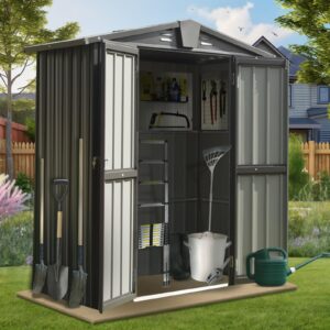 5.7x3 FT Outdoor Storage Shed, Lockable Galvanized Steel Garden Shed Storage Cabinet, Metal Waterproof Tool Sheds for Backyard Garden Patio Lawn (Grey, 5.7x3 ft)