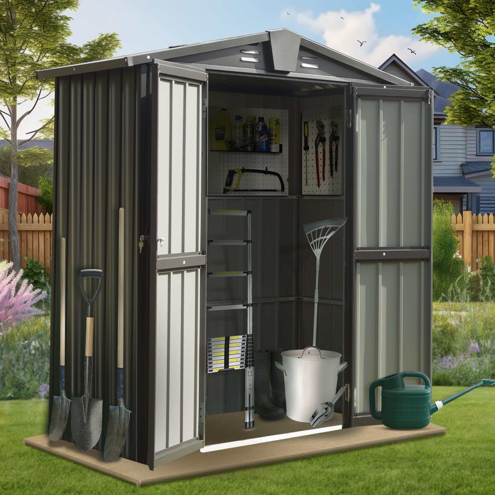 5.7x3 FT Outdoor Storage Shed, Lockable Galvanized Steel Garden Shed Storage Cabinet, Metal Waterproof Tool Sheds for Backyard Garden Patio Lawn (Grey, 5.7x3 ft)