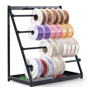 ZOMICE Ribbon Holder Organizer Rack with Storage Tray, 4 Tier Ribbon Spool Holder Stand,Metal Sewing Organizer Display Shelf for Craft Room,Cake Shop,Flower Store(On the Table & Wall Mounted)