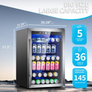 Antarctic Star Beverage Refrigerator,145 Can Mini Fridge,Freestanding wine cooler for Soda Beer or Wine,Glass Door, Small Drink Dispenser Machine, Touch Screen for Home Office or Bar, 4.5 cu.ft