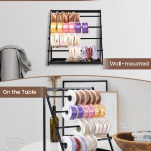 ZOMICE Ribbon Holder Organizer Rack with Storage Tray, 4 Tier Ribbon Spool Holder Stand,Metal Sewing Organizer Display Shelf for Craft Room,Cake Shop,Flower Store(On the Table & Wall Mounted)