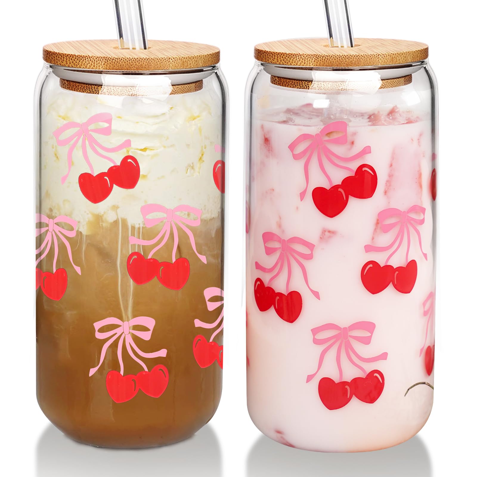 Mason Life Cherries Bows Glass Cups with Lids and Straws, 18OZ Cherry Decor Iced Coffee Cups with Lids, Cute Glass Cups for Women, Glass Tumbler Smoothie Cups, Reusable Cup Drinking Glass -Set of 2