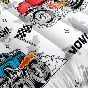 AILONEN Monster Trucks White Comforter Set Twin Size, Cartoon Truck Car Printed Bedding Set for Kids,Boys,Extreme Sports Duvet Set,3-Piece, 1 Quilt and 2 Pillowcases