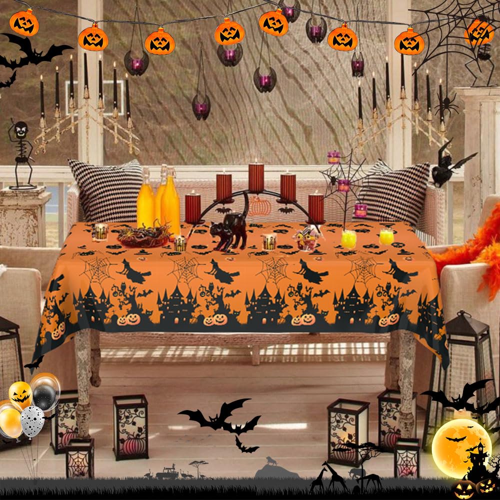 Halloween Tablecloth, 2 Pcs Plastic Tablecloth for Halloween, Rectangle Disposable Table Cover, Waterproof Tablecover for Halloween Party Decoration Outdoor Dinner Kitchen Home Decor 54 x 108 inches