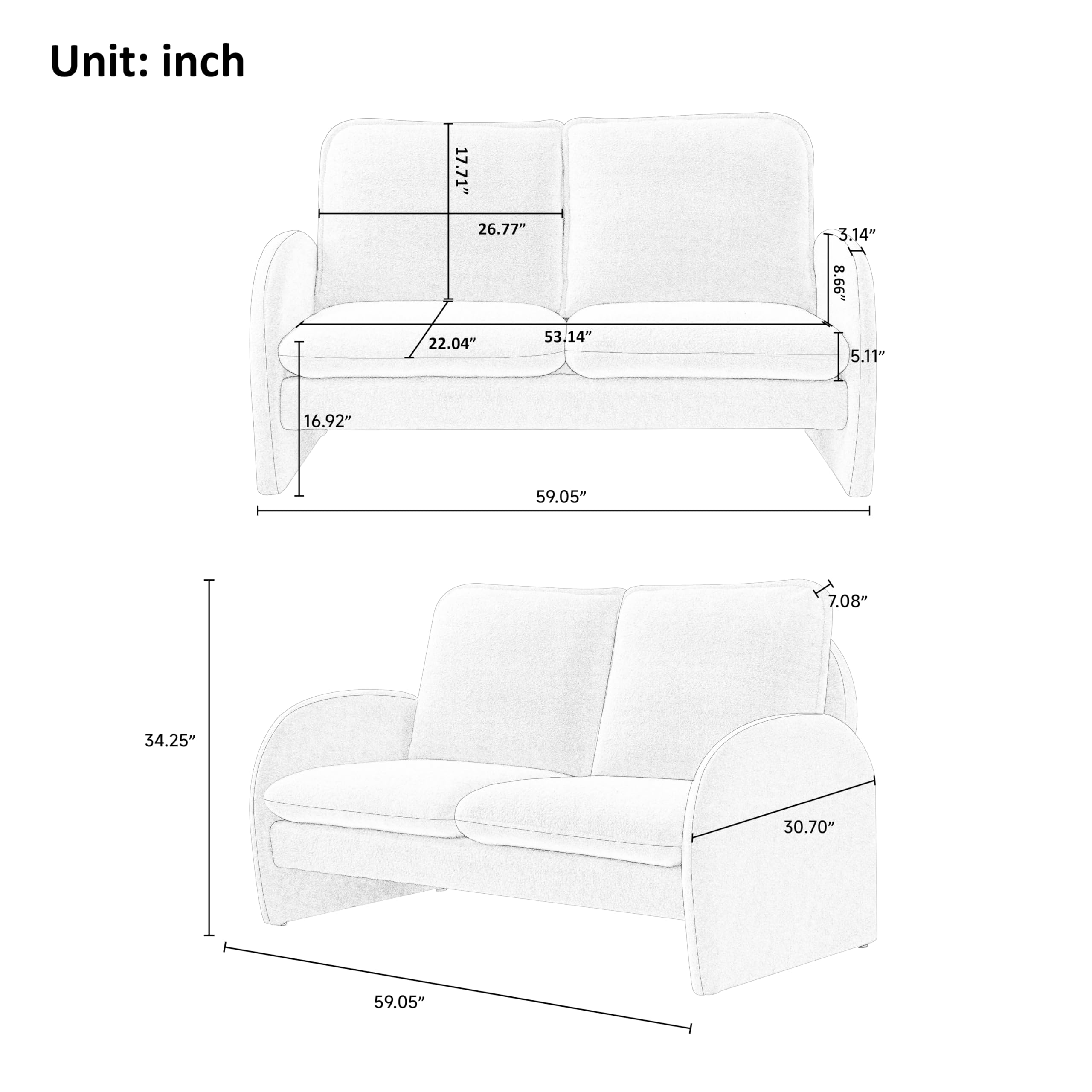 VnndeNest 59" Loveseat Sofa, Lambswool Sherpa Fabric Mid Century Modern Sofa, Upholstered Comfy Small Couches with Cushions & Armrest, 2 Seater Small Sofa for Small Spaces, Living Room, Bedroom, Green