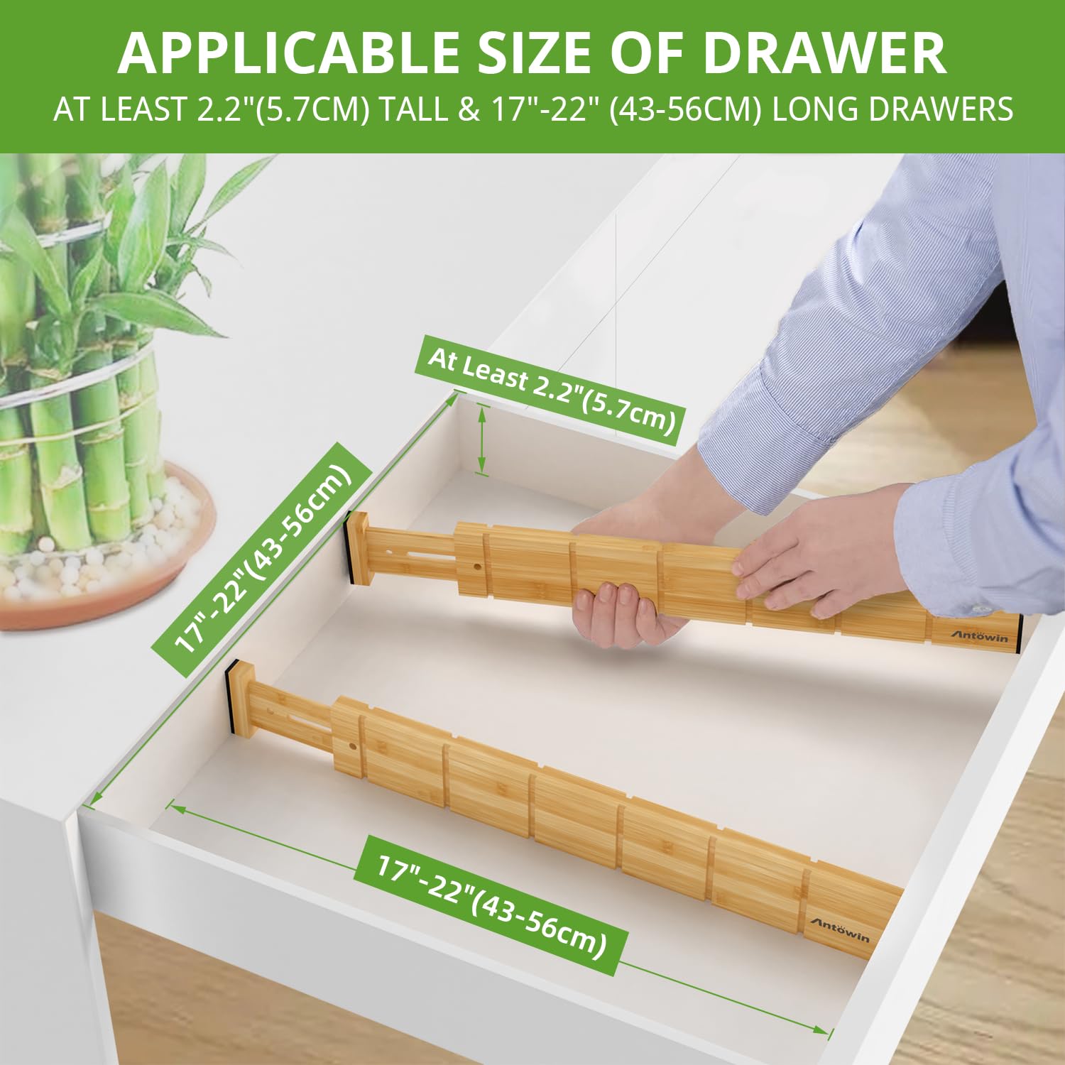 ANTOWIN 4 Pack Expandable Drawer Dividers, 2.2'' High, Extend from 17'' to 22'', Dresser Drawer Organizers, Bamboo Separators for Kitchen, Bedroom, Office, Bathroom, with 12 Pack Divider Inserts