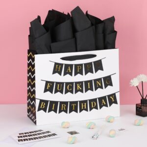 13" Large White Gift Bag Set with Greeting Card and Tissue Papers (Happy Fucking Birthday) for Women's or Men's Birthday Party, Funny Adult Humor Gift Bag - 13”x5.2”x10.2”,1 Pcs.