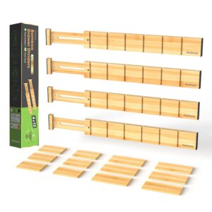 antowin 4 pack expandable drawer dividers, 2.2'' high, extend from 17'' to 22'', dresser drawer organizers, bamboo separators for kitchen, bedroom, office, bathroom, with 12 pack divider inserts