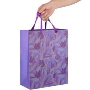 Qirrmiy 13” Large Purple Gift Bag Set with Greeting Card and Tissue Paper (Purple Flowers Design) for Celebrating Birthdays, Mother's Day, Weddings, Anniversaries - 10.2”x5.2”x13”, 1 Pcs.