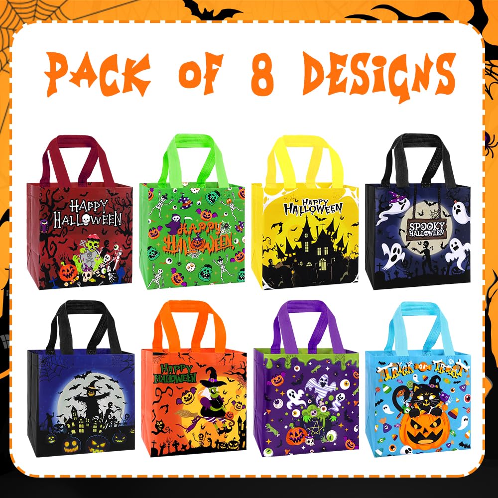 DULEFUN 8pcs Halloween Trick or Treat Bags, Halloween Tote Gift Bags with Handles Reusable Non-Woven Goodie Candy Bags for Gifts Wrapping Halloween Party Favor Supplies