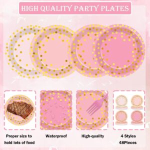 CHUNNIN 48 Pcs Pink and Gold Party Paper Plates Pink Party Supplies 7 In Gradient Pink Party Dinner Plates Pink Gold Party Disposable Plates for Birthday Wedding Baby Shower Bridal Party Decorations