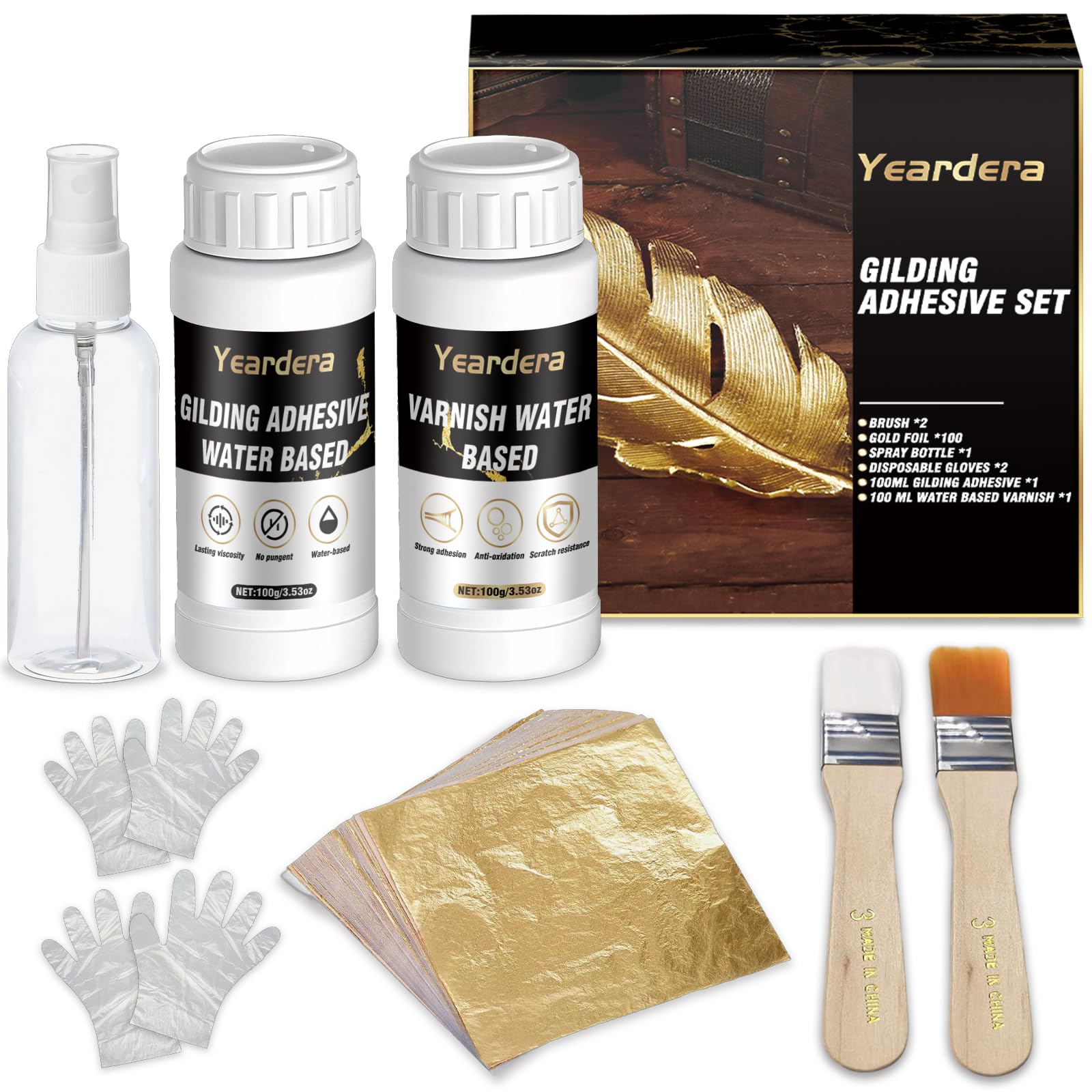 Yeardera Gold Leaf Kit, Gilding Adhesive Set, 100ml Water Based Adhesive and 100ml Varnish with Gold Leaf Sheet 100 pc, for Arts, Craft, Painting, Furniture and Decoration