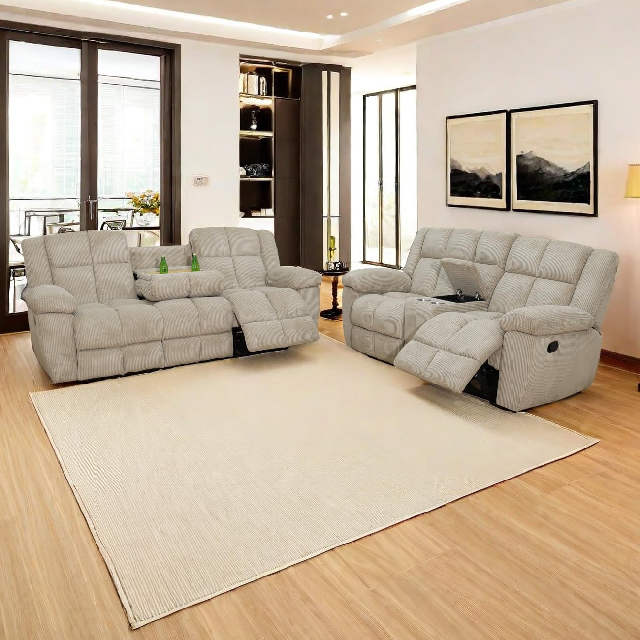 A Ainehome Manual Recliner Sofa Set, Corduroy Recliner Chair, Modern Loveseat Sofa, Modern Reclining Sofa Couch and Recliner Couches for Living Room/Office(Sofa+Loveseat, Beige)