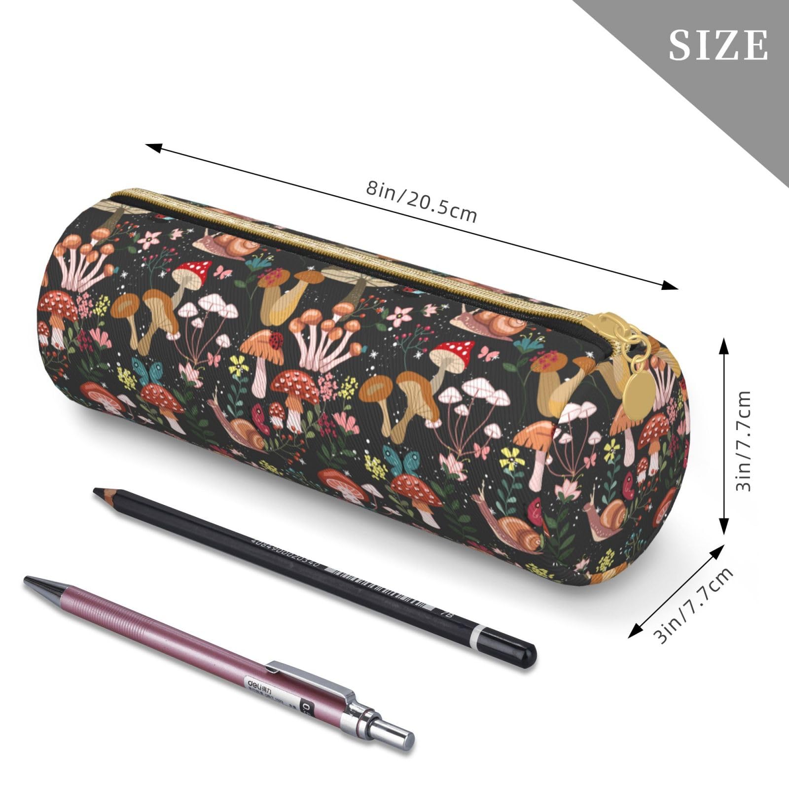 Aoojanu Mushrooms Snails Butterflies Leather Pencil Case Zipper Pen Makeup Cosmetic Holder Pouch Stationery Bag For School, Work, Office