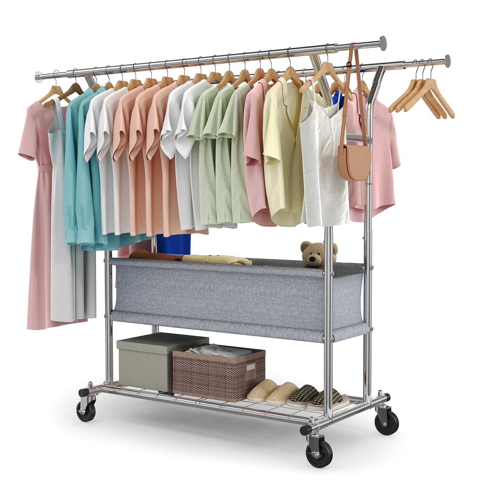 HOKEEPER Clothing Rack Heavy Duty Clothes Rack for Hanging Clothes Load 625LBS Extendable Double Rod Clothes Rack, Adjustable Rolling Garment Rack with Wheels, Basket & Shelves 71.2''W*23.6''D*68.5''H