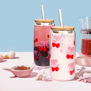 Mason Life Cherries Bows Glass Cups with Lids and Straws, 18OZ Cherry Decor Iced Coffee Cups with Lids, Cute Glass Cups for Women, Glass Tumbler Smoothie Cups, Reusable Cup Drinking Glass -Set of 2