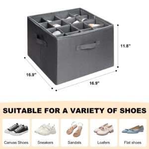 JeasEagn Shoe Organizer for Closet, Foldable Shoe Storage Bins with Clear Cover, Large Shoe Box Storage Container with Adjustabele Dividers, Fits up to 16 Pairs, Gray