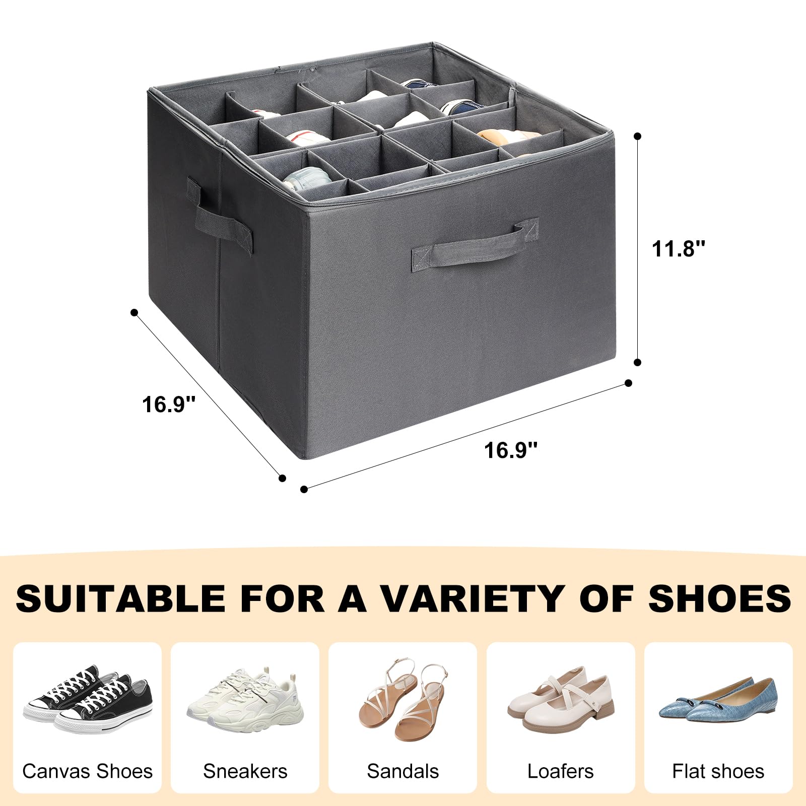 JeasEagn Shoe Organizer for Closet, Foldable Shoe Storage Bins with Clear Cover, Large Shoe Box Storage Container with Adjustabele Dividers, Fits up to 16 Pairs, Gray