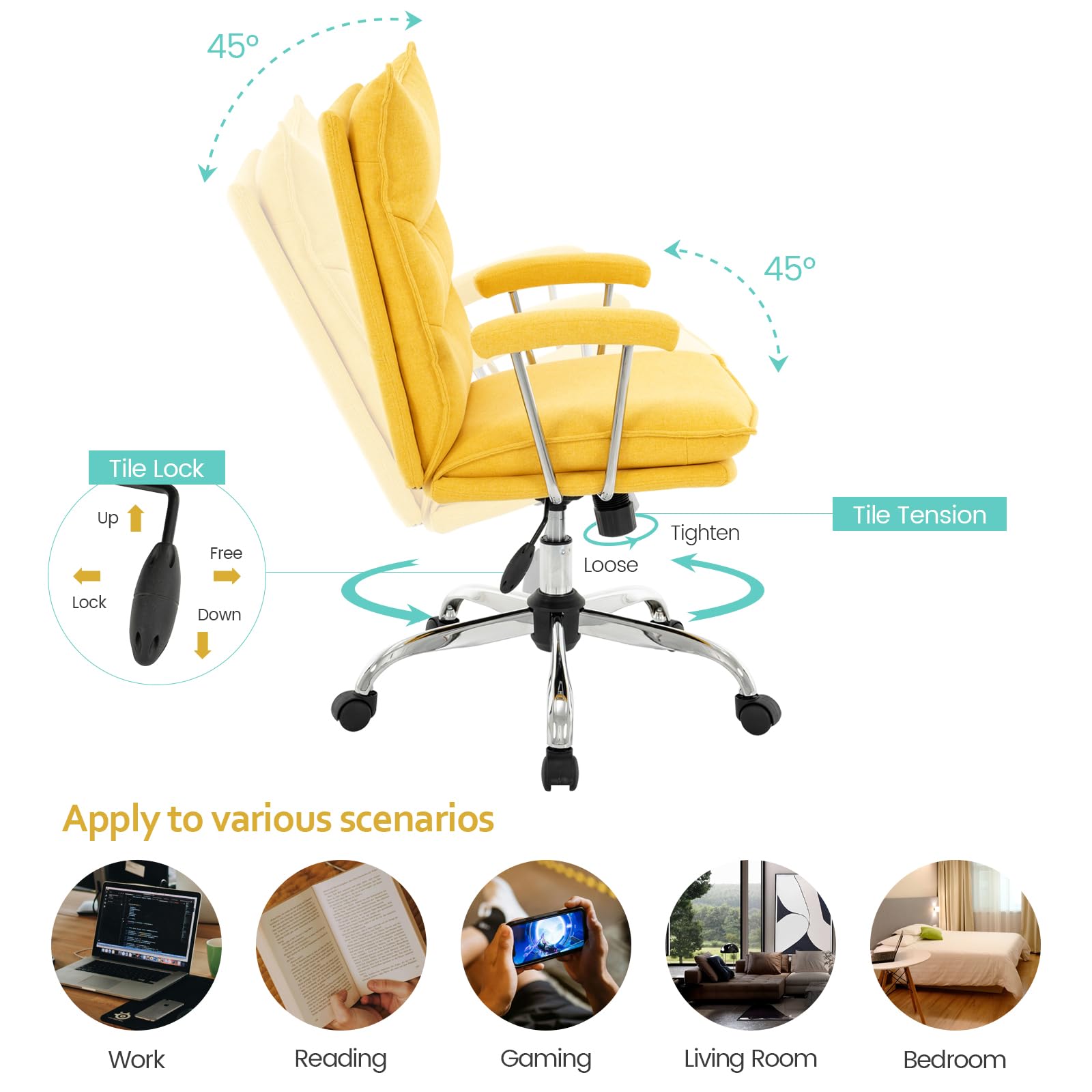 422 Soft Linen Office Chair with Padded Armrests, Premium Double Cushion, 360° Swivel High Back Ergonomic Computer Task Chair for Home Study&Meeting(Yellow)